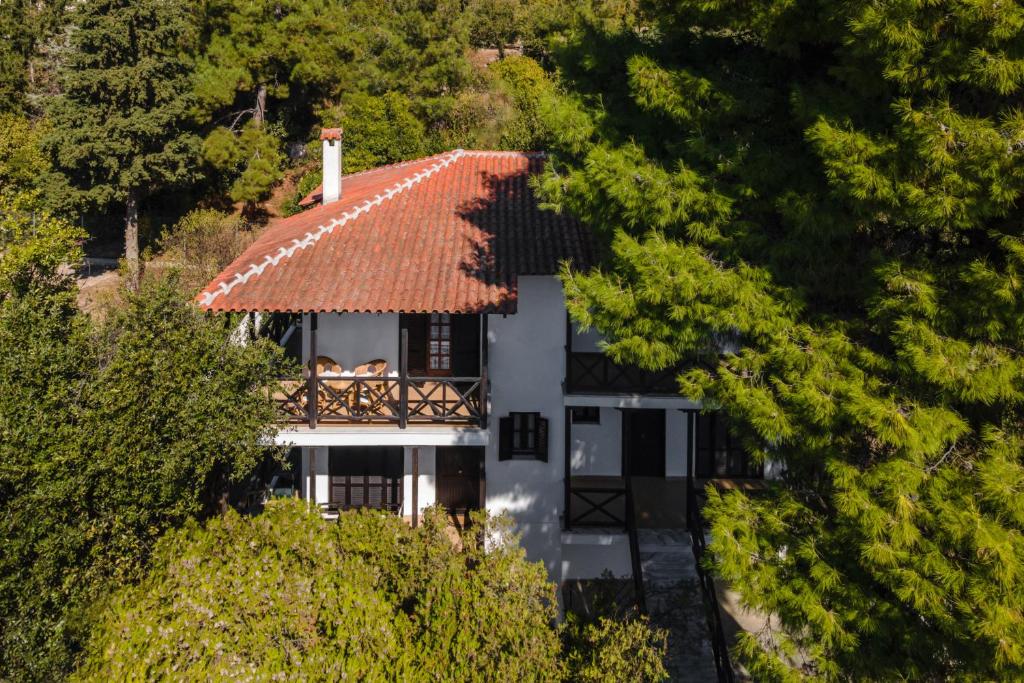an aerial view of a white house with a thatch roof at Beach Front Vintage Villa Kalliktratis in Nea Kalikratia