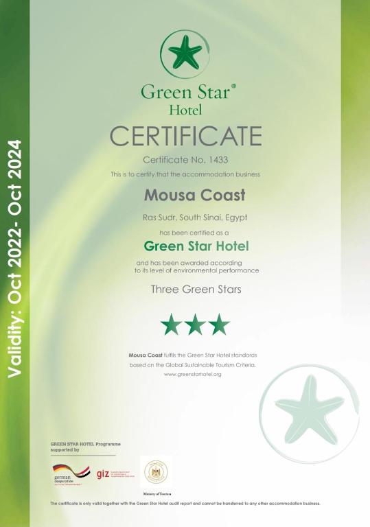 Certifikát, hodnocení, plakát nebo jiný dokument vystavený v ubytování Mousa Coast Hotel & Spa