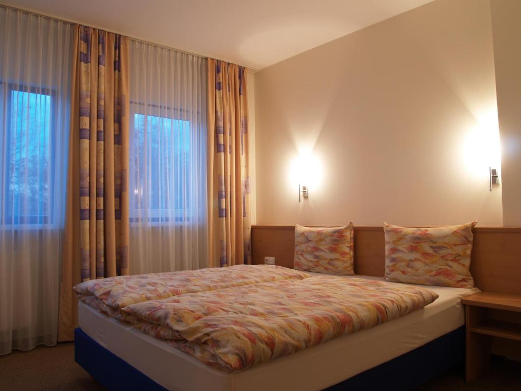 a bedroom with a large bed with two windows at Hotel Magnet in Stryi