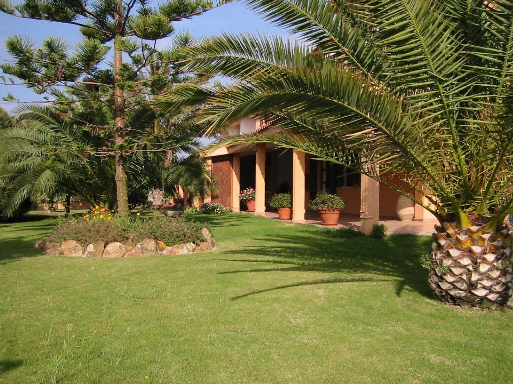 a house with palm trees in a yard at Hotel Su Giudeu in Chia