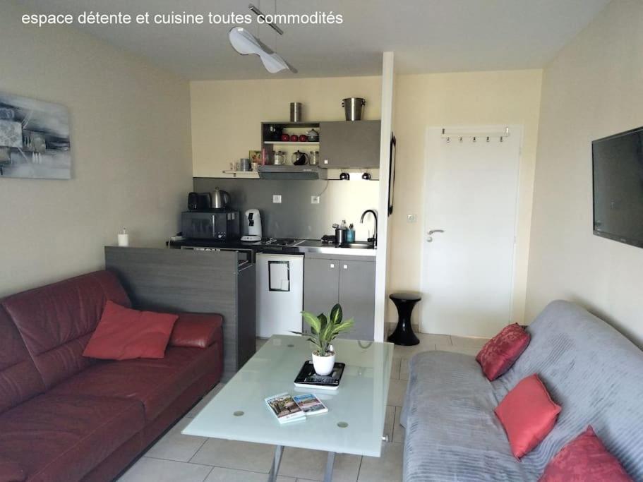 a living room with a couch and a table at meublé entier indépendant en contigu de ma maison in Saint-Georges-sur-Moulon