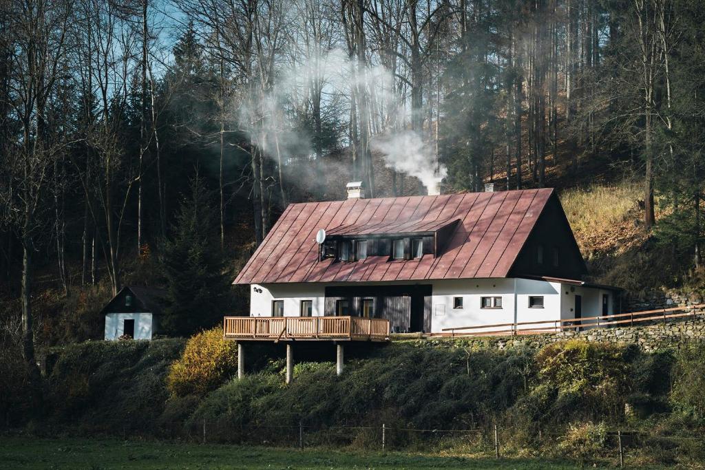 a house with a red roof on a hill at Chalupa Orlička in Výprachtice