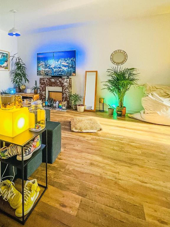 un salon avec une cheminée et une télévision dans l'établissement Caribbean Spirit, à Périgueux