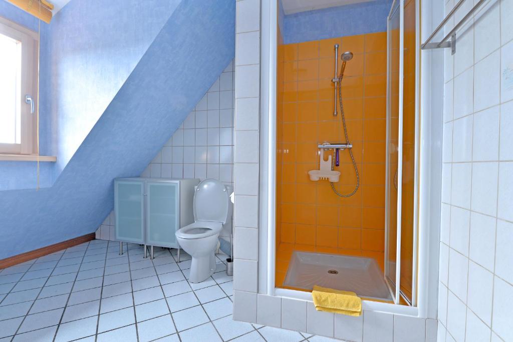 a bathroom with a shower and a toilet at S&#39;Harzala Jaune in Bergheim