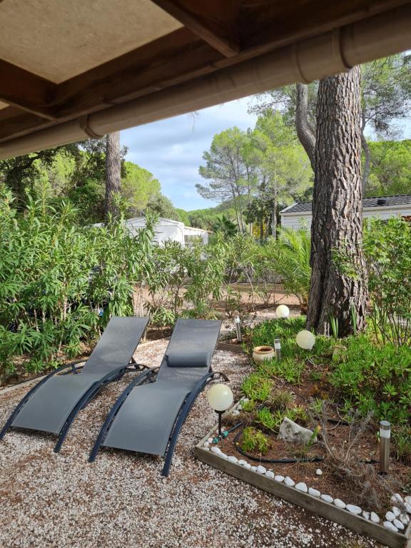 a patio with two benches in front of a tree at Mobilhome 6personnes camping oasis village 5 etoiles in Puget-sur-Argens