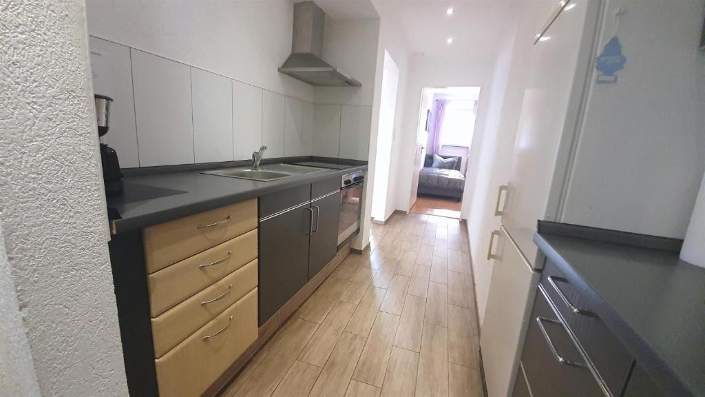 cocina con fregadero y suelo de madera en Living Hanau en Hanau am Main