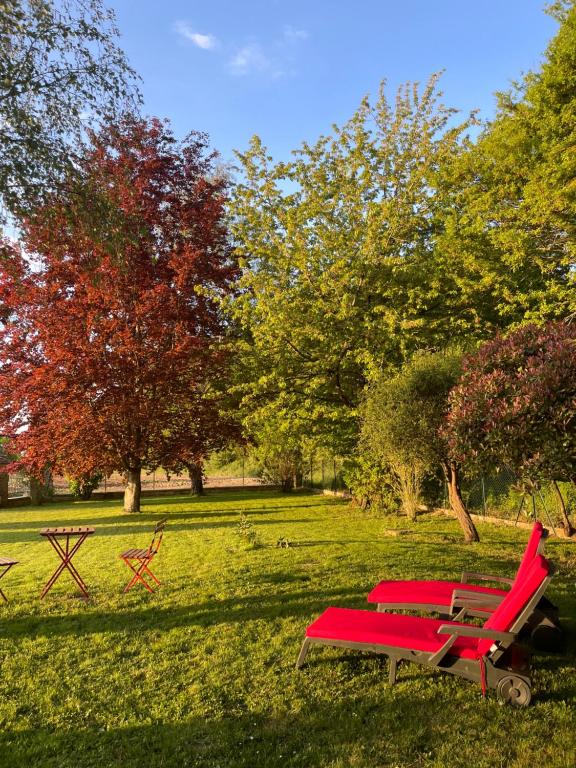 two red chairs and a picnic table in a park at Chambre d’hôte in Chailly-en-Bière