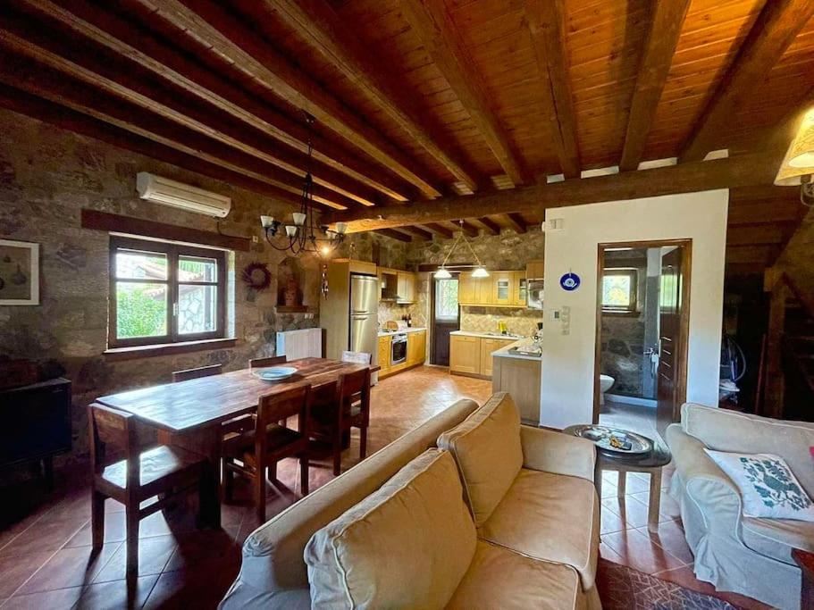 Lilea Country House في Lílaia: غرفة معيشة مع أريكة وطاولة خشبية