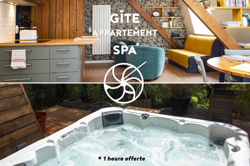 - un bain à remous dans la cuisine et un panneau indiquant le spa de l'appartement cadeau dans l'établissement Ty Puns - Gîte écoresponsable dans un espace verdoyant en centre-ville, à Morlaix