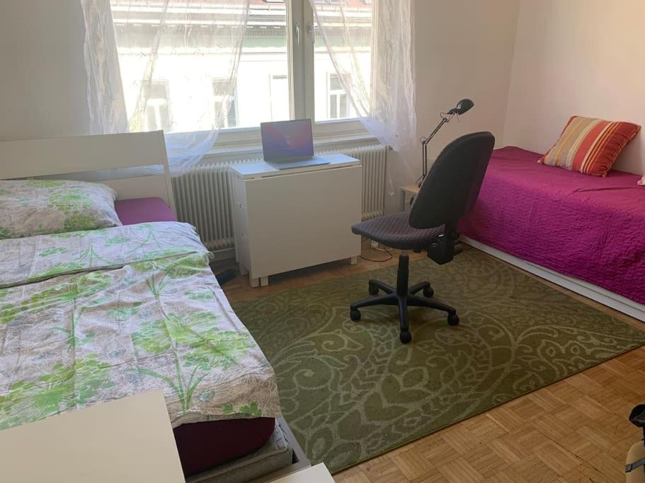 a bedroom with two beds and a desk and a chair at Kleine Wohnung im Zentrum Graz in Graz