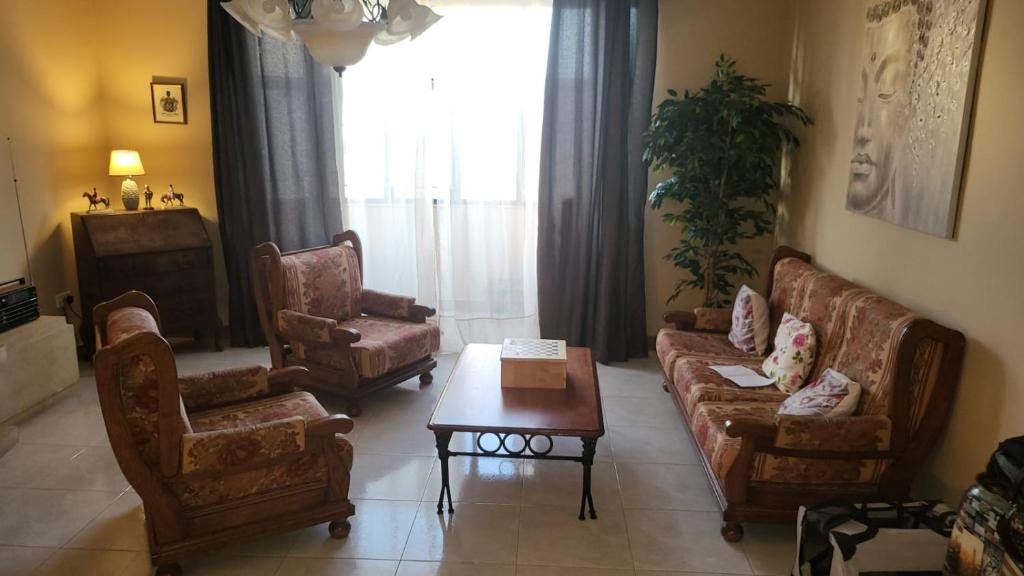 Lotus Apartment في Tad-Duluri: غرفة معيشة مع أريكة وكراسي وطاولة