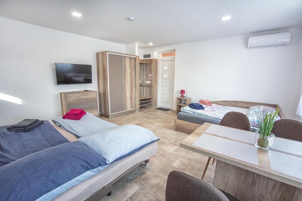 Televízia a/alebo spoločenská miestnosť v ubytovaní Mona Apartman