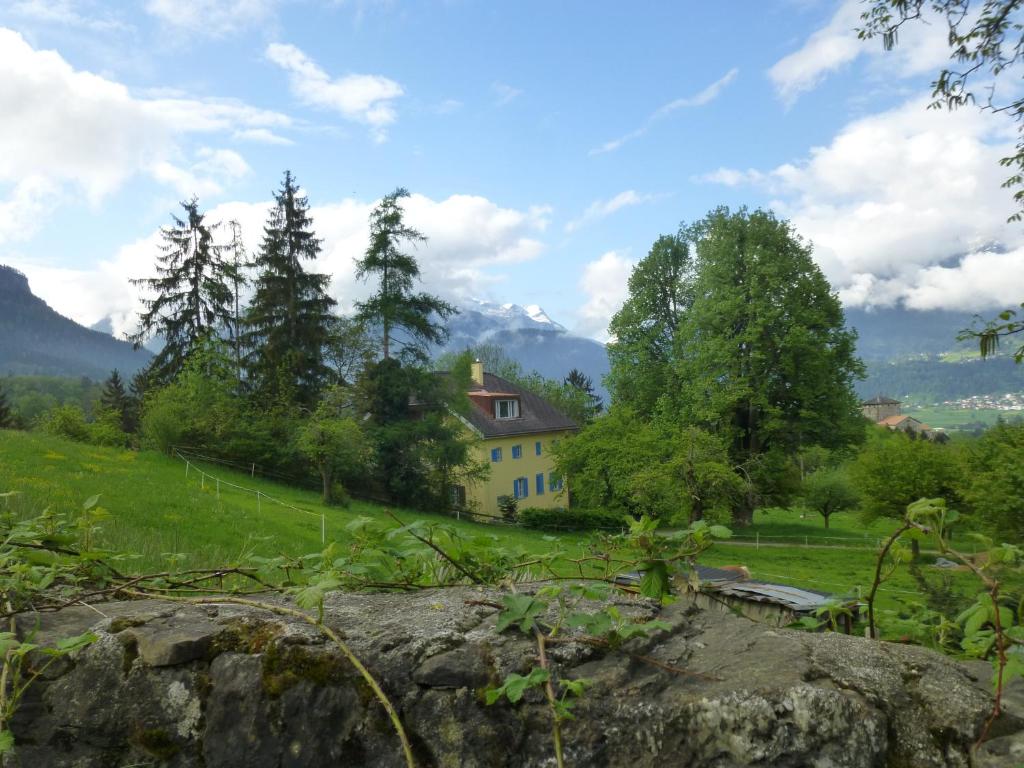 a house on a hill in a green field at Haus Noains in Rodels