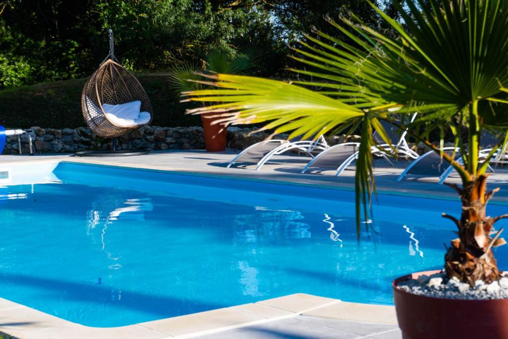 a palm tree sitting next to a swimming pool at Logis de Tirac in Lorignac