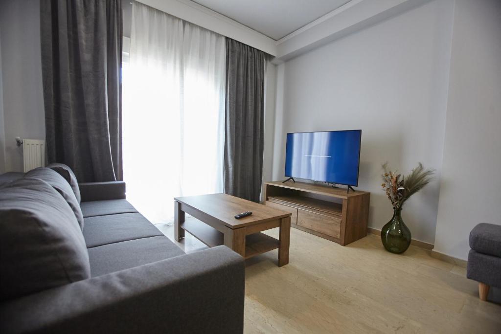 un soggiorno con divano e TV a schermo piatto di C.L.A. 2 City Lux Apartment Alaxandroupoli a Alexandroupoli