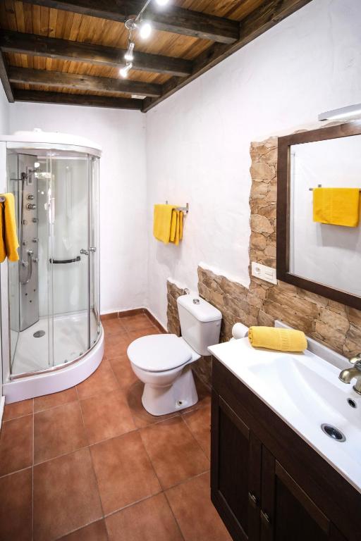 a bathroom with a shower and a toilet and a sink at Club JM Lanzarote in Tabayesco