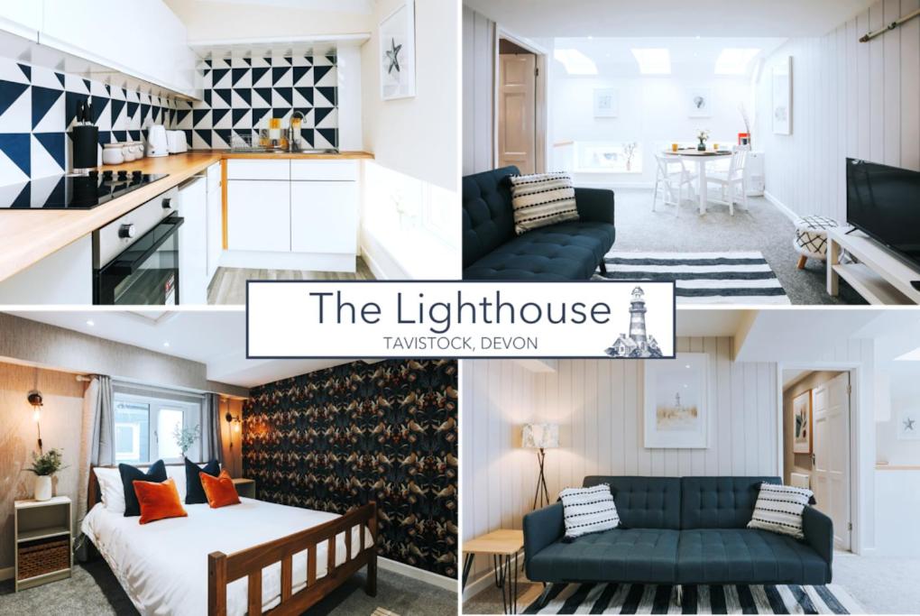 a collage of photos of a living room and a light house at The Lighthouse, Boutique apartment in the town centre in Tavistock