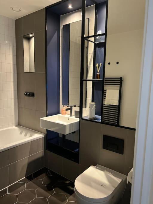 a bathroom with a toilet and a sink at Luxurious high spec 1 bedroom apartment in London
