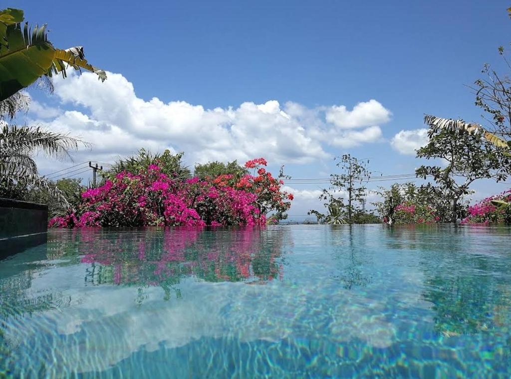a pool of water with trees and pink flowers at Alam Sweet Ulu-Modern "Balinese Style Villa" 3 Large Comfy Beds 2 private Bedrooms, Panoramic Ocean Views Pool in Uluwatu