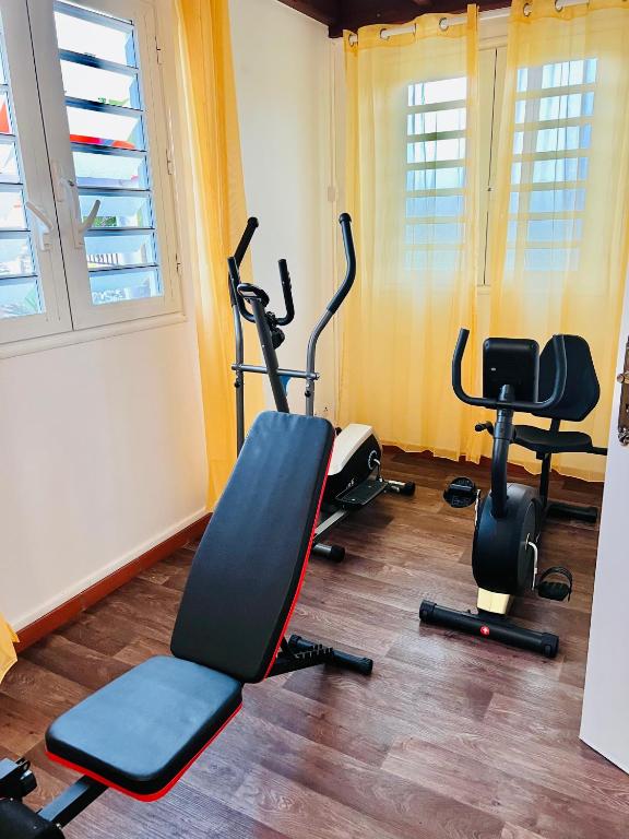 a gym with treadmills and exercise bikes in a room at Villa Paradis in Le François
