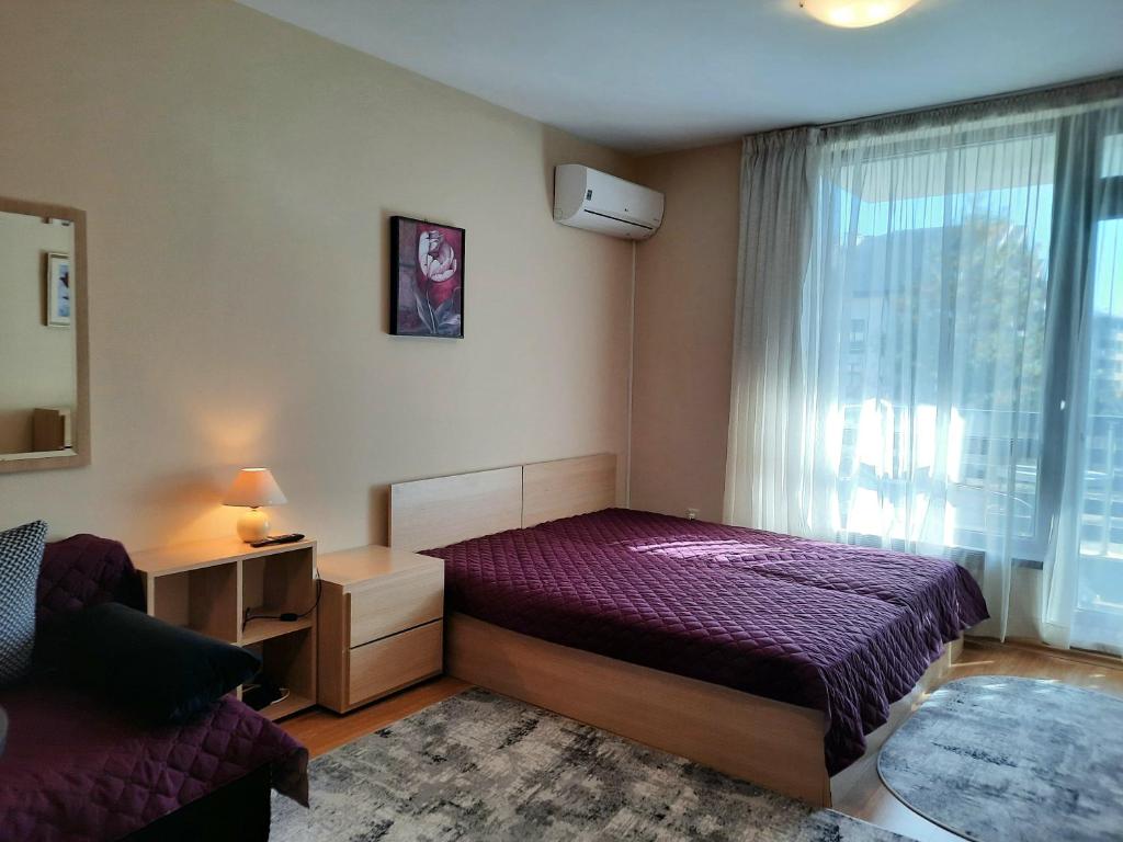 a bedroom with a purple bed and a window at Apartments in Aspen Suites in Bansko