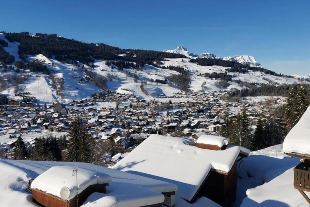 een stad bedekt met sneeuw op een berg bij Lune D'Argent Appartement avec vue sur la montagne in Megève