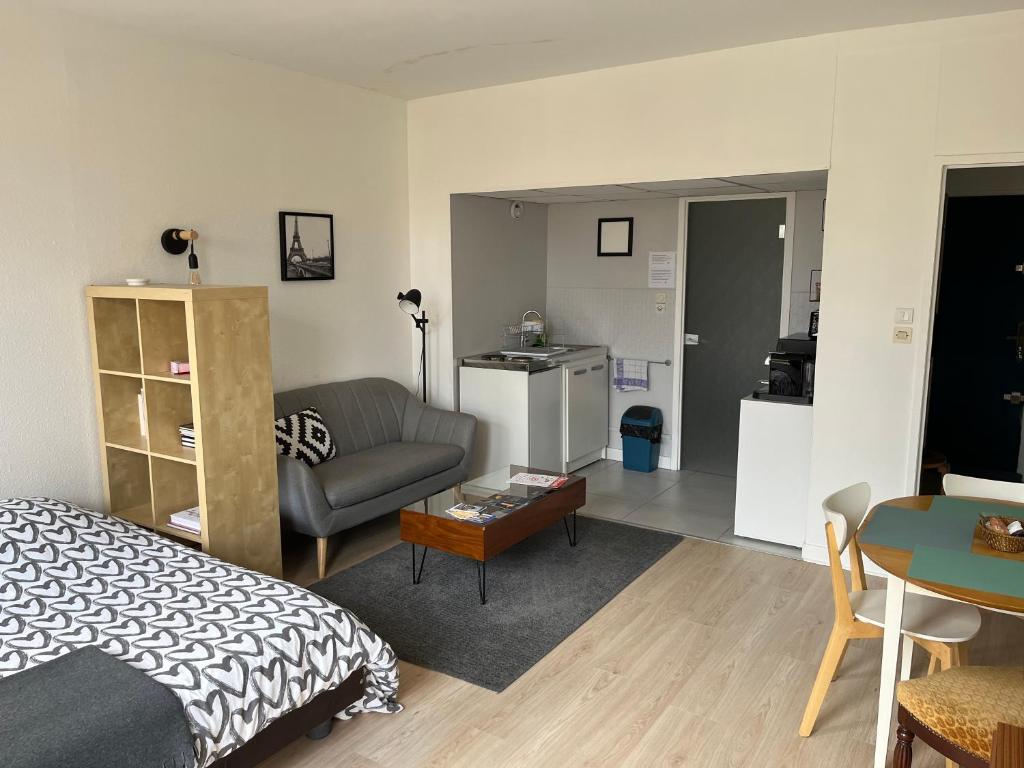 a bedroom with a bed and a living room at Le Studio Stanislas, calme et Lumière in Nancy