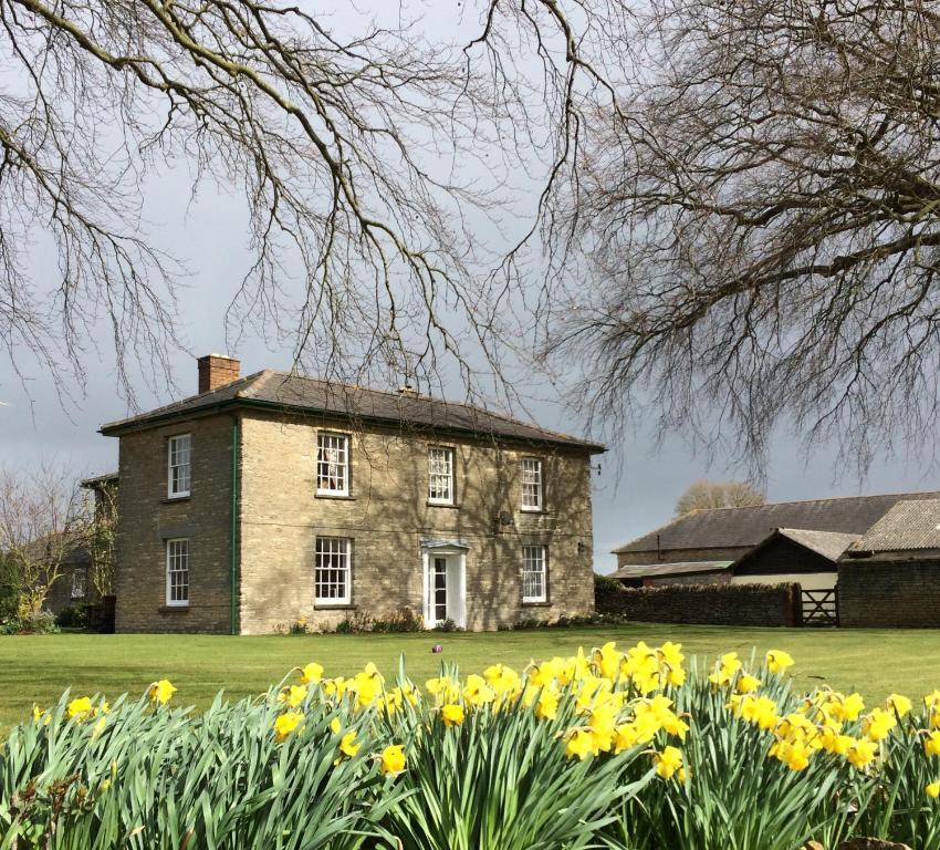 Ashton lodge farm في Ashton: منزل قديم وامامه زهور صفراء