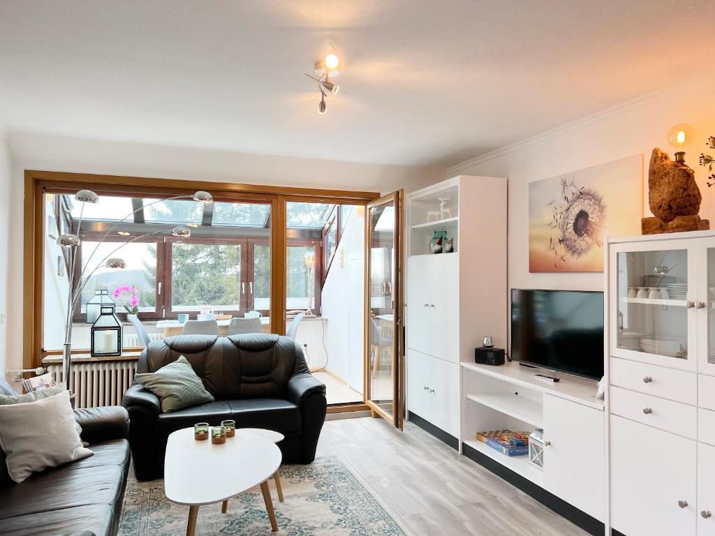 a living room with a couch and a tv at STELLA helle Ferienwohnung für Natur-Urlaub im Harz in Sankt Andreasberg