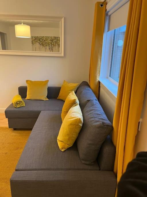a blue couch with yellow pillows in a living room at Glenbervie - Beautifully refurbished, self-contained apartment in Fife