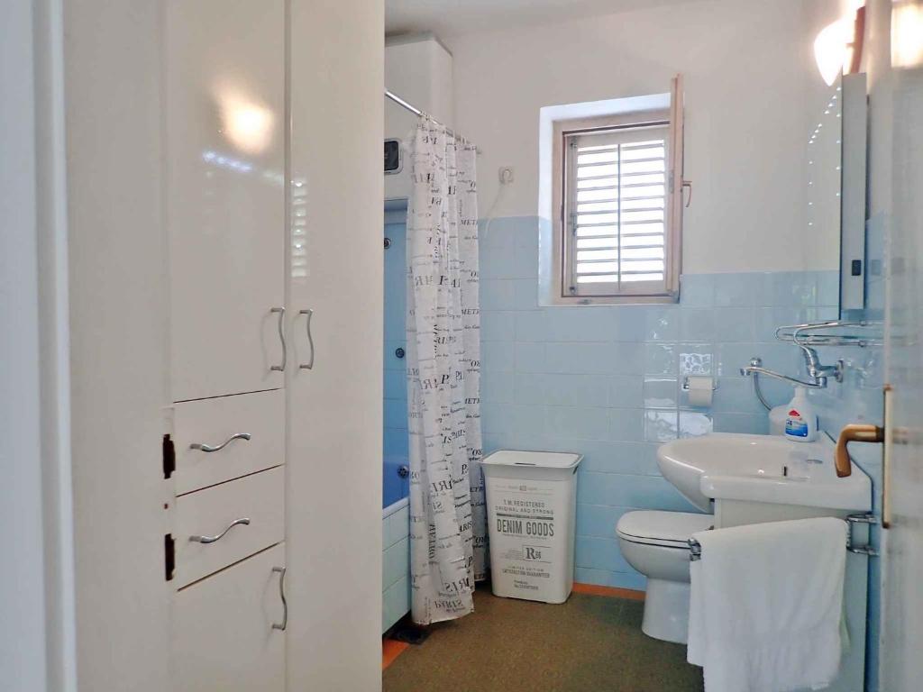niebieska łazienka z toaletą i umywalką w obiekcie Apartment in Starigrad-Paklenica 34801 w mieście Starigrad-Paklenica