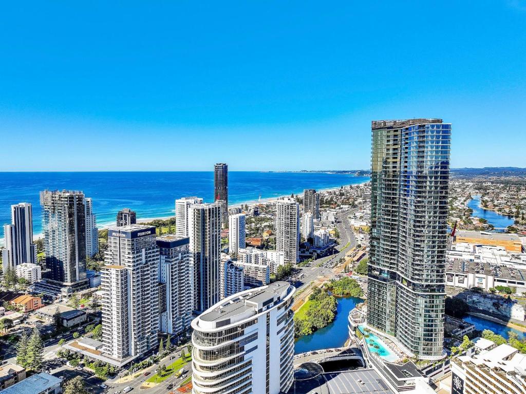 an aerial view of a city with tall buildings at Luxury S Casino Residences Broadbeach - Holiday Paradise in Gold Coast