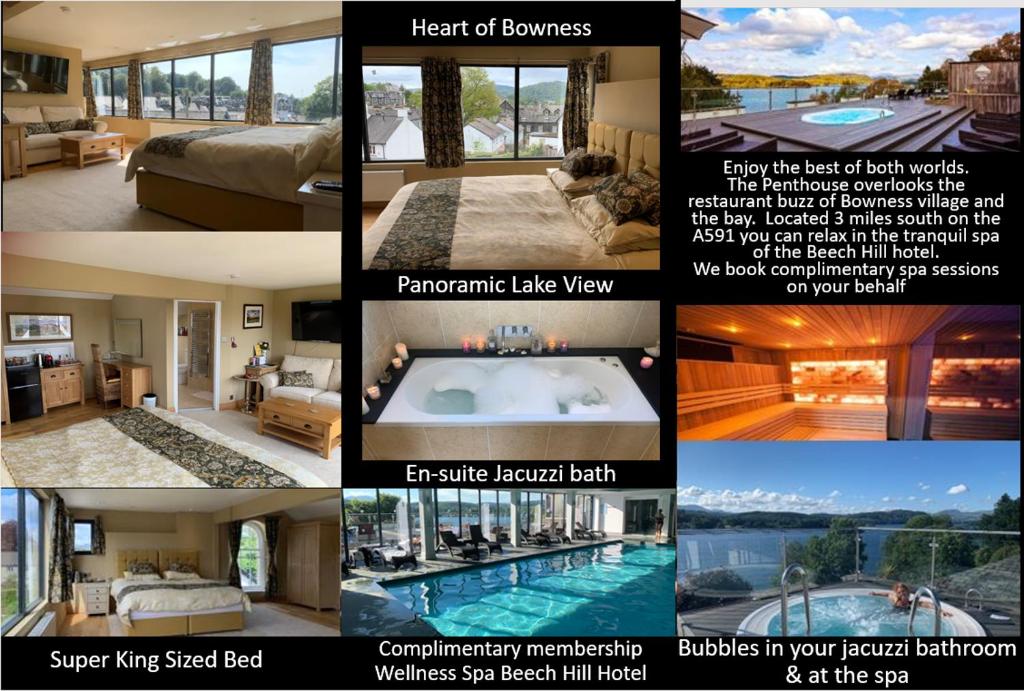 a collage of different pictures of a home at The Penthouse Bowness Luxury Loft Jacuzzi Bath & Complimentary Lakeview Spa Membership in Bowness-on-Windermere