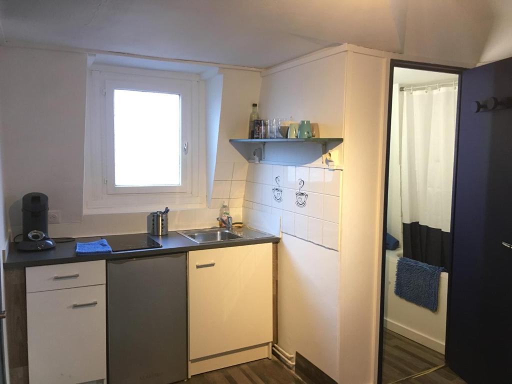 a small kitchen with a sink and a window at Studio Gambetta Republique in Lille