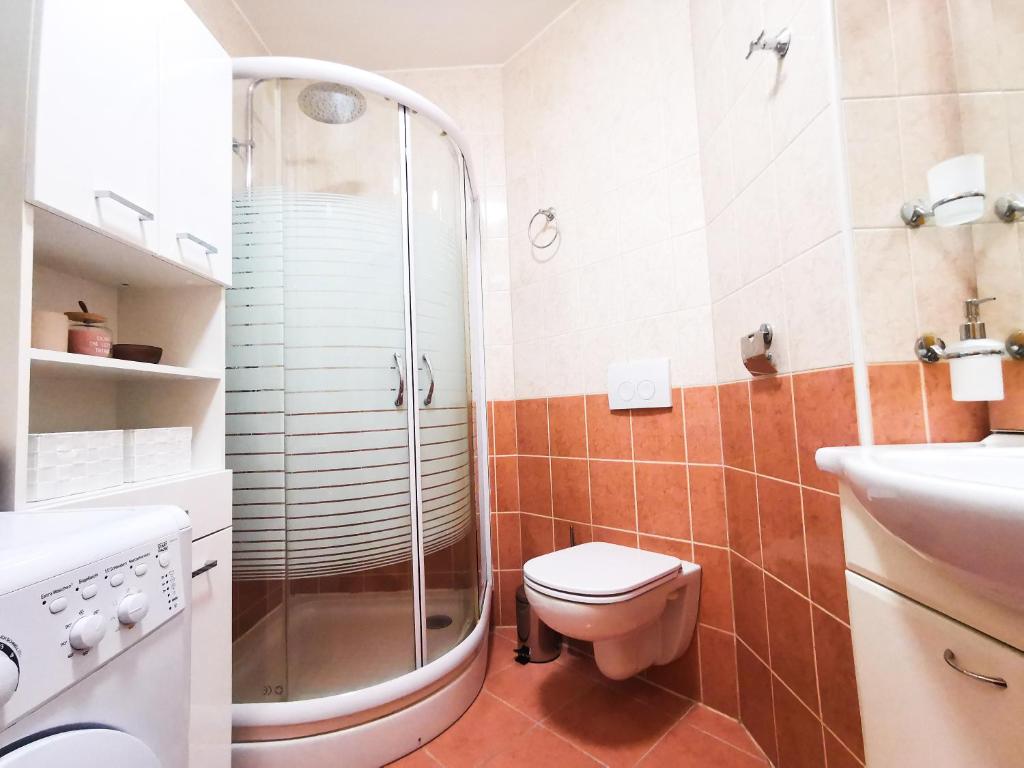 y baño con ducha, aseo y lavamanos. en Miadora apartments - Apartma Rusalka, en Moravske Toplice