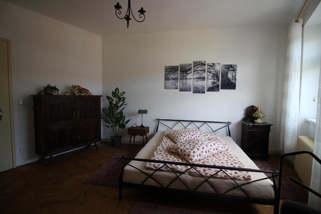 a bedroom with a bed and a dresser at Apartmán Pražská in Jablonec nad Nisou