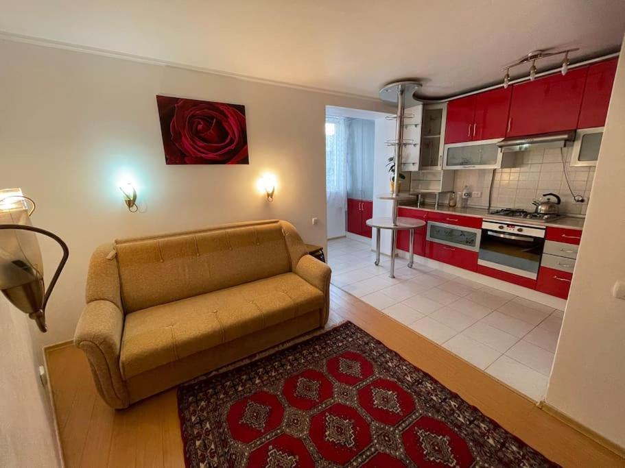 ein Wohnzimmer mit einem Sofa und einer Küche in der Unterkunft Fabulous apartment in Chișinău in Chişinău