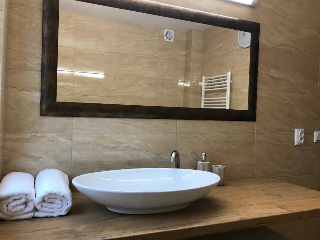 uma casa de banho com lavatório, espelho e toalhas em Apartmánový dom Višňové em Višňové