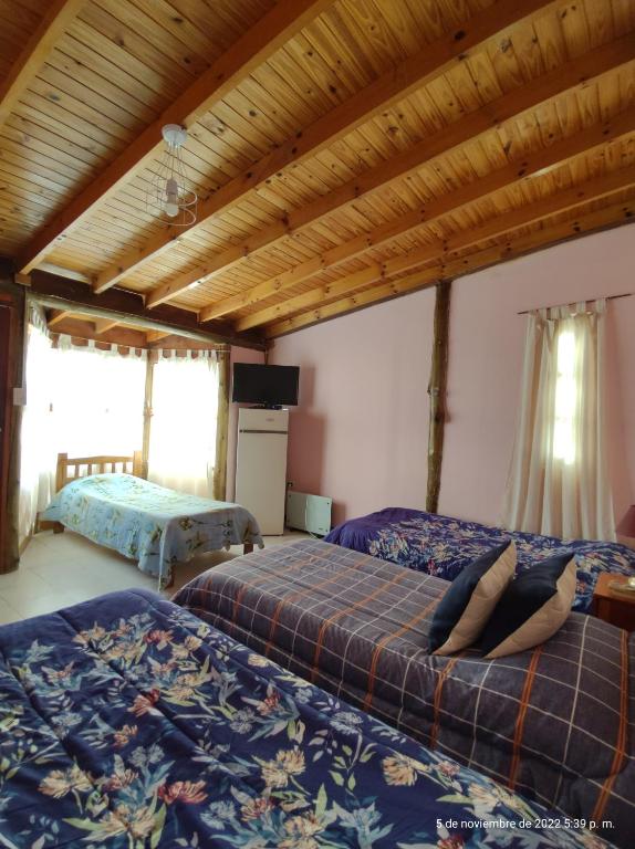 1 dormitorio con 2 camas y techo de madera en Hotel Juanita en Puelches