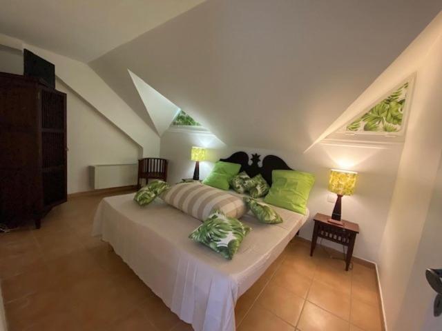 a bedroom with a bed with green pillows on it at Ocean dream in Sainte-Anne
