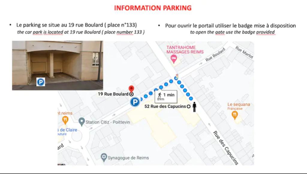 een schermafdruk van een kaart van een parkeerplaats bij Capucins - Très bel appartement hyper centre in Reims