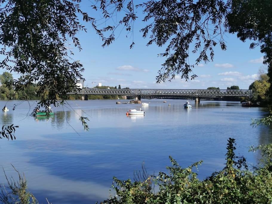 un puente sobre un río con barcos en el agua en Studio au calme en bord de Loire, en Rezé