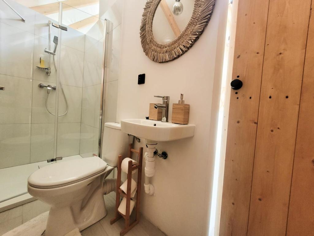 Hoya Glamping في غوستينين: حمام مع مرحاض ومغسلة ومرآة