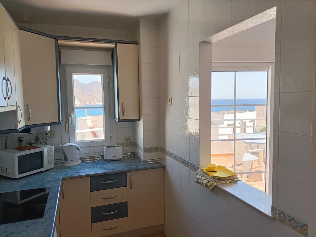 a kitchen with a window with a view of the ocean at Apartahotel Vistamar San José in San José