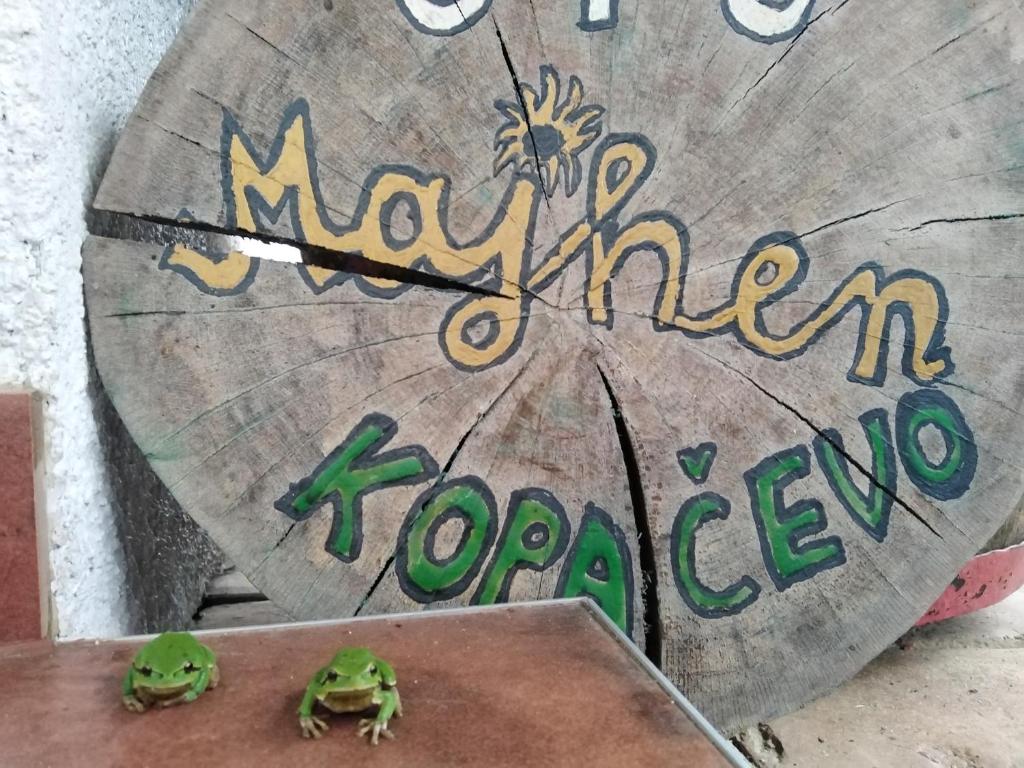 dos ranas sentadas encima de un cartel de madera en B&B Majhen, en Kopačevo