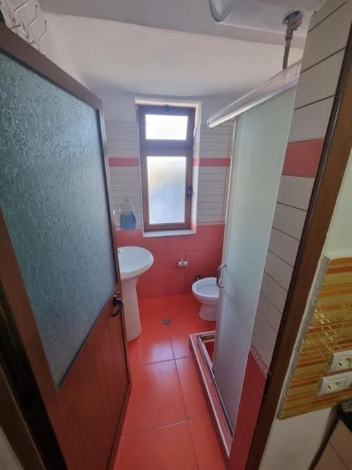 een badkamer met een toilet, een wastafel en een deur bij Aunt's Place in Shkodër