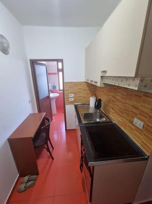 een kleine keuken met een wastafel en een aanrecht bij Aunt's Place in Shkodër