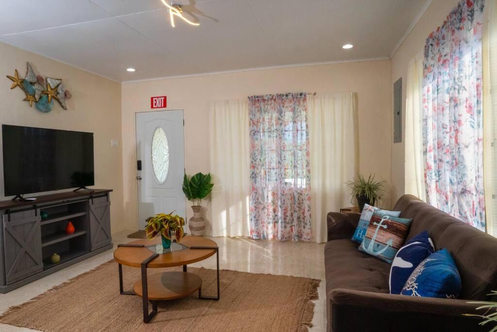 a living room with a couch and a flat screen tv at Treasured Gem Hideaway in Treasure Beach
