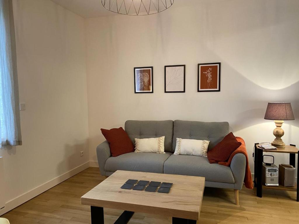sala de estar con sofá y mesa de centro en Gîte Villeneuve-sur-Allier, 3 pièces, 4 personnes - FR-1-489-372 en Villeneuve-sur-Allier