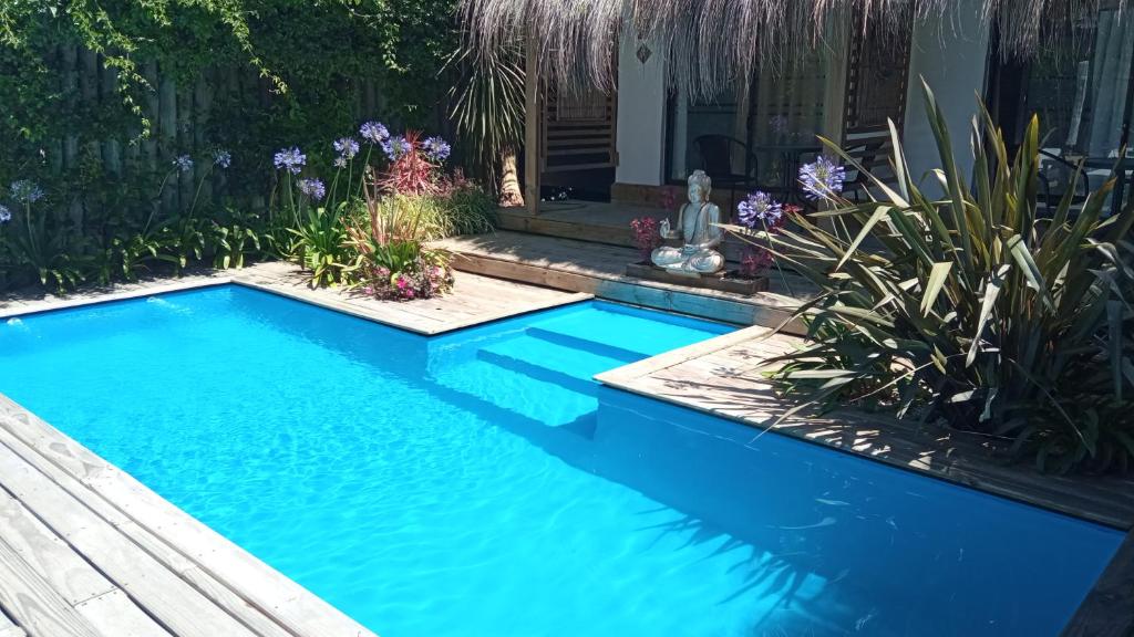 una piscina azul en un jardín con plantas en Hotel Boutique La Mexicana Suites & Beach, en Punta del Este